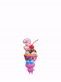 An animation of a Winged Pikmin with a 3rd Anniversary Cupcake from Pikmin Bloom.