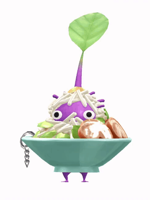 An animation of a Purple Pikmin with a Ramen Keychain from Pikmin Bloom