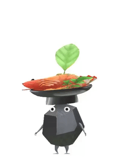 An animation of a Rock Pikmin with a Osechi from Pikmin Bloom.