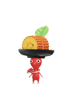 An animation of a Red Pikmin with a Osechi from Pikmin Bloom.
