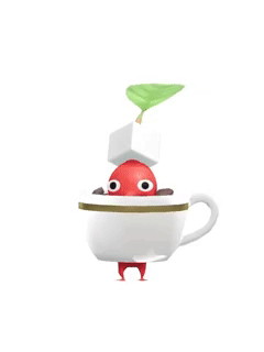 An animation of a Red Pikmin with a Coffee Cup from Pikmin Bloom.