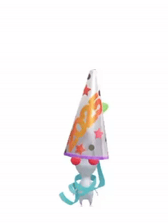 An animation of a White Pikmin with a Party Popper from Pikmin Bloom.