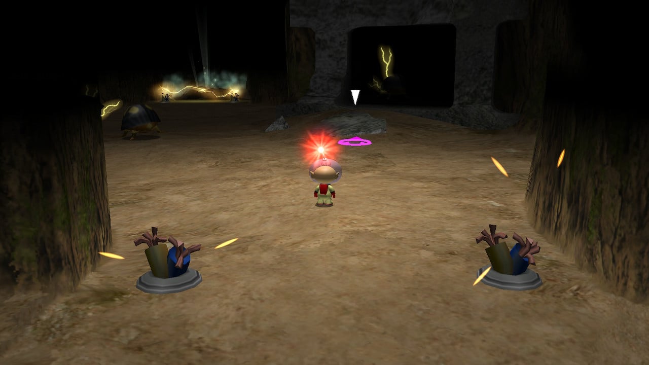 A close-up view of an electrical node in Pikmin 2 starting to emit electricity.