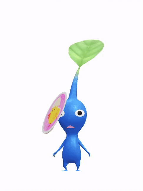 An animation of a Blue Pikmin with a Spring Sticker from Pikmin Bloom