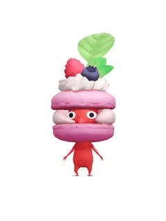 An animation of a Red Pikmin with a Macaron from Pikmin Bloom.