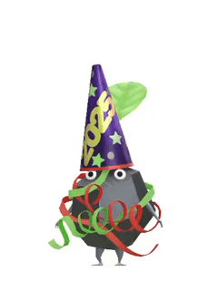 An animation of a Rock Pikmin with a Party Popper from Pikmin Bloom.