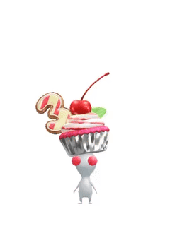 An animation of a White Pikmin with a 3rd Anniversary Cupcake from Pikmin Bloom.