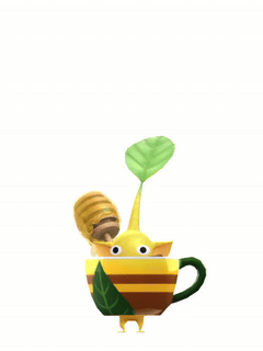 An animation of a Yellow Pikmin with a Coffee Cup (Rare) from Pikmin Bloom.