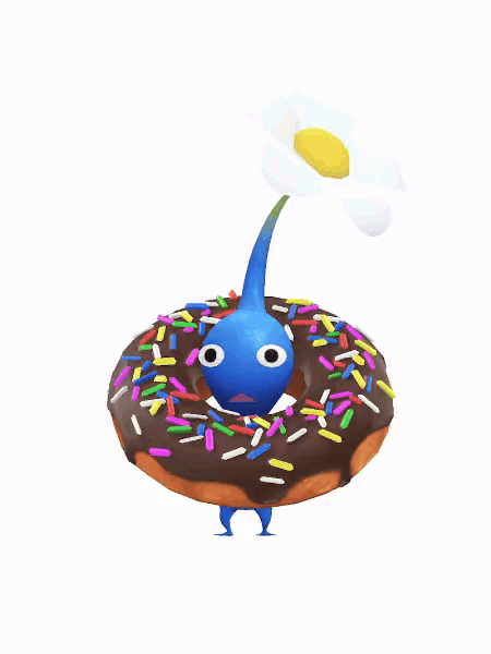An animation of a Blue Pikmin with a Donut from Pikmin Bloom.