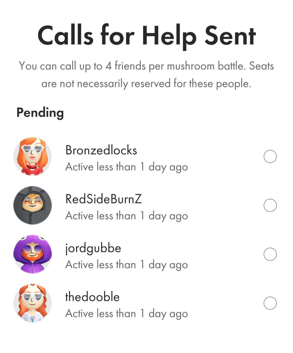 The same menu after the calls for help have been sent.
