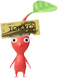 A Red Station Decor Pikmin with Gold Ticket decor from Pikmin Bloom.