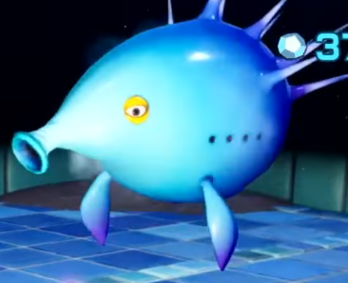 An unknown enemy resembling a light blue Puffy Blowhog, from IGN's review video.