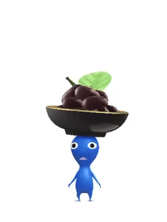 An animation of a Blue Pikmin with a Osechi from Pikmin Bloom.