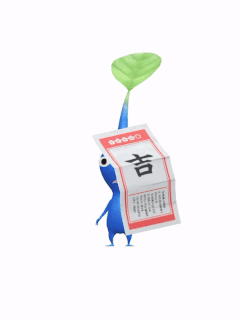 An animation of a Blue Pikmin with a Fortune (Lucky) from Pikmin Bloom.