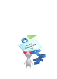 An animation of a White Pikmin with a Reverse Valentine's Day Sticker from Pikmin Bloom.