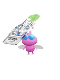 An animation of a Winged Pikmin with a Bridge Pin Badge from Pikmin Bloom