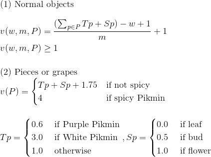 A formula describing the speed at which Pikmin carry objects in Pikmin 3. Credits go to noamoa16 for figuring it out. LaTeX formula: