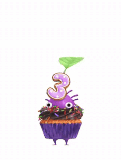 An animation of a Purple Pikmin with a 3rd Anniversary Cupcake from Pikmin Bloom.