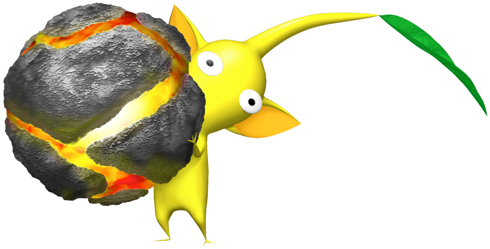 A Yellow Pikmin holds a bomb rock.