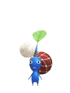 An animation of a Blue Pikmin with a Ball Ornament from Pikmin Bloom.