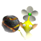 The icon for a Yellow Pikmin holding a bomb-rock on the flower stage.