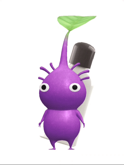 An animation of a Purple Pikmin with a Hotel Amenities from Pikmin Bloom.