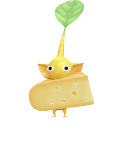 An animation of a Yellow Pikmin with a piece of cheese from Pikmin Bloom.