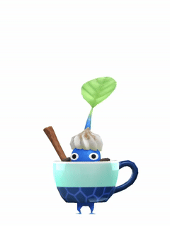 An animation of a Blue Pikmin with a Coffee Cup (Rare) from Pikmin Bloom.