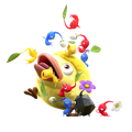 Artwork of some Pikmin attacking the yellow bird enemy.