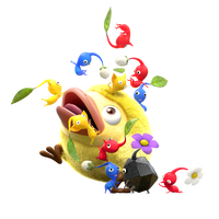 Artwork of Pikmin fighting a Mockiwi in Hey! Pikmin.