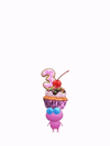 An animation of a Winged Pikmin with a 3rd Anniversary Cupcake from Pikmin Bloom.