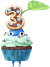 A Blue Special Decor Pikmin with 3rd Anniversary Cupcake decor from Pikmin Bloom.