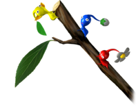 A Red Pikmin, a Yellow Pikmin, and a Blue Pikmin climb up a climbing stick.