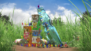 A scene from Treasure in a Bottle, when a large group of Pikmin line up to help pull the Red Pikmin out the bottle.