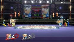 Alph and Olimar ready to fight on the Boxing Ring stage in Super Smash Bros. for Nintendo 3DS and Wii U.