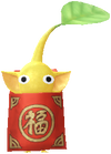 A Yellow Special Decor Pikmin with Lunar New Year Ornament: Red decor from Pikmin Bloom.