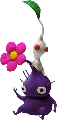 Artwork of a White Pikmin on top of a Purple Pikmin.