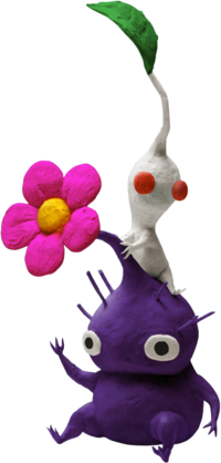 Artwork of a White Pikmin on top of a Purple Pikmin.