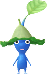 A Blue Rainy Day Decor Pikmin with Leaf Hat decor from Pikmin Bloom.