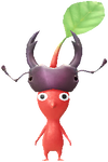 A Red Forest Decor Pikmin with Stag Beetle decor from Pikmin Bloom.