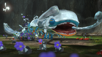 An early E3 2012 screenshot of Red and Rock Pikmin battling the Armored Mawdad.