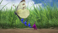 A chain of four Pikmin hanging on to a butterfly.