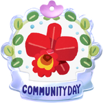 Community day badge, featuring artwork of a red cattleya.