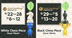 Image showing the availability of specific colors of chess pieces during the Pikmin Bloom chess event in 2023.