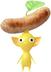 A Yellow Special Decor Pikmin with Wurst decor from Pikmin Bloom.