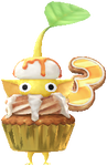 A Yellow Special Decor Pikmin with 3rd Anniversary Cupcake decor from Pikmin Bloom.