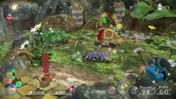 A promotional image for Pikmin 3 Deluxe, showing the player fighting a Bulborb. The dirt wall in the background has 3 white stripes. From https://www.nintendolife.com/news/2020/08/pikmin_3_deluxe_19_glorious_screenshots_box_art_file_size_and_more_details