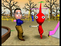 A Red Pikmin with a person.