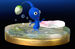 The trophy for a Blue Pikmin in the Wii U version of Super Smash Bros. for Nintendo 3DS and Wii U, walking through water and beside a pink petal.