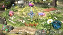 A screenshot from a promotional video for Pikmin 3 Deluxe, showing the new interface for switching leaders. From https://youtu.be/hSujRBzq9QE?t=9